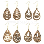 8 Pairs 4 Style 304 Stainless Steel Dangle Earrings, with Wood Teardrop Pendants, Golden, Coconut Brown, 66mm, 2pcs/style(EJEW-YW00002)