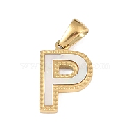 Natural White Shell Alphabet Pendants, Ion Plating(IP) Real 18K Gold Plated 304 Stainless Steel Charms, Letter P, 17x11.5x1.5mm, Hole: 5x3mm(STAS-M338-02G-P)