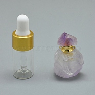 Natural Amethyst Openable Perfume Bottle Pendants, with Brass Findings and Glass Essential Oil Bottles, 36~39x21~25x15~19mm, Hole: 1.2mm, Glass Bottle Capacity: 3ml(0.101 fl. oz), Gemstone Capacity: 1ml(0.03 fl. oz)(G-E556-19A)