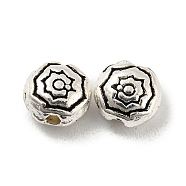 Tibetan Style Alloy Beads, Lead Free & Cadmium Free, Flat Round with Flower, Antique Silver, 5.5~6x3~3.5mm, Hole: 0.8mm, about 3225pcs/1000g(PALLOY-F307-05AS)