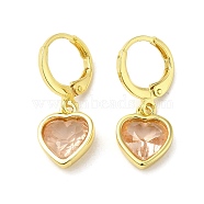 Real 18K Gold Plated Brass Dangle Leverback Earrings, with Heart Glass, PeachPuff, 25.5x10mm(EJEW-L268-006G-07)