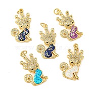 Brass Pendants Micro Pave Cubic Zirconia with Synthetic Opal, with Jump Rings, Real 18K Gold Plated, Deer, Mixed Color, 28x16x4mm, Hole: 3.5mm(KK-K356-02G)