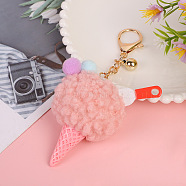 Wool Ice Cream Pendant Keychain, with Iron Findings, Pink, 14cm(KEYC-PW0002-064B)