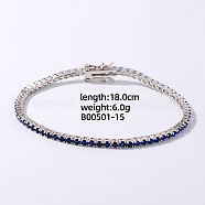 Fashionable Tennis Bracelets, Brass Sparkling Rhinestones Bracelets for Women, Platinum, Capri Blue, 7-1/8 inch(18cm)(VD0232-3)