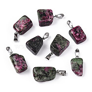 Natural Ruby in Zoisite Pendants, Nuggets Charms with Stainless Steel Color Plated Stainless Steel Snap On Bails, Dyed & Heated, 18.5~25x10~21x7.5~11.5mm, Hole: 3.5x7.5mm(G-Q996-24A)