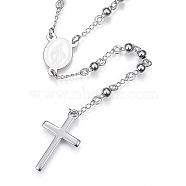 304 Stainless Steel Rosary Bead Necklaces, with Cross Pendant and Lobster Claw Clasps, Stainless Steel Color, 25.6 inch(65cm)(NJEW-D285-42P)