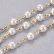 Handmade Acrylic Imitaion Pearl Beaded Chains, Unwelded, with Brass Findings, Long-Lasting Plated, Round, with Spool, Floral White, Golden, 14~14.5x6.5mm(CHC-K007-H02)