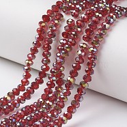 Electroplate Transparent Glass Beads Strands, Half Green Plated, Faceted, Rondelle, Dark Red, 4x3mm, Hole: 0.4mm, about 130pcs/strand, 16.54 inch(42cm)(EGLA-A034-T4mm-S03)