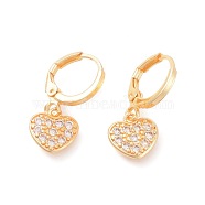 Brass Micro Pave Cubic Zirconia Dangle Hoop Earrings , Heart, Clear, Golden, 23mm, Pin: 0.9mm(EJEW-F233-04G)