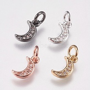 Brass Micro Pave Cubic Zirconia Charms, Moon, Mixed Color, 9x5x1mm, Hole: 3.5mm(ZIRC-E147-59)