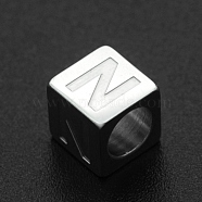 201 Stainless Steel European Beads, Large Hole Beads, Horizontal Hole, Cube, Stainless Steel Color, Letter.N, 7x7x7mm, Hole: 5mm(STAS-N090-LA062-N)