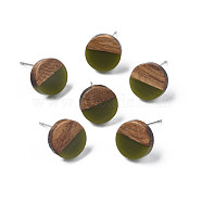 Opaque Resin & Walnut Wood Stud Earrings, with 316 Stainless Steel Pins, Flat Round, Dark Olive Green, 10mm, Pin: 0.7mm(EJEW-N017-008-B08)