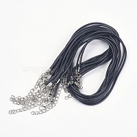 Black Imitation Leather Cord Necklace Making, Platinum Color Iron Clasp and Adjustable Chain, about 2mm thick, 17 inch