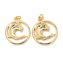 Brass Pendants, with Jump Ring, Long-Lasting Plated, Flat Round with Wave, Real 18K Gold Plated, 23x20x1.5mm, Hole: 3mm, Jump Ring: 5x0.8mm(KK-G399-13)