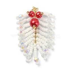 MIYUKI Rocailles Beaded Pendents, with Glass Pearl Round Beaded, Leaf Charms, White, 36~38x25~27x8mm, Hole: 0.7mm(PALLOY-MZ00148-01)