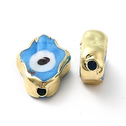 Handmade Evil Eye Lampwork Beads, with Golden Plated  Brass Edge, Long-Lasting Plated, Hamsa Hand, Deep Sky Blue, 15~17x11.5~12.5x5~5.5mm, Hole: 1.8mm(LAMP-F026-03J)