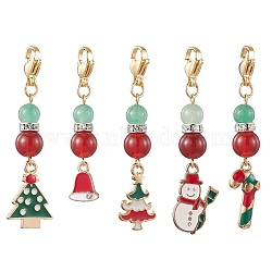 Christmas Tree/Bell/Snowman/Candy Cane Alloy Enamel Pendant Decorations, Natural Carnelian & Green Aventurine Charms for Bag Key Chain Ornaments, Golden, 45~54x9.5~13.5mm, 5pcs/set(HJEW-TA00192)
