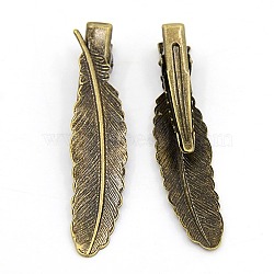 Antique Bronze Tone Feather Iron Flat Alligator Hair Clip Findings, with Brass Trays, 53x12x10mm(X-PHAR-B013-AB)