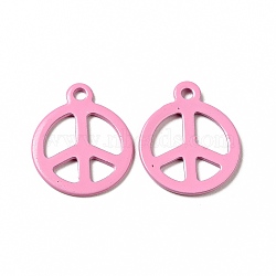 Spray Painted 201 Stainless Steel Pendants, Flat Round with Peace Sign Charm, Pearl Pink, 15x12.5x1mm, Hole: 1.4mm(STAS-G304-04B)