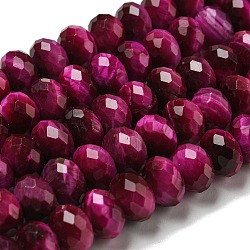 Natural Tiger Eye Beads Strands, Faceted, Dyed, Rondelle, Fuchsia, 9.5~10x6.5~7mm, Hole: 1.2mm, about 58~59pcs/strand, 15.31''~15.43''(38.9~39.2cm)(G-K351-B07-04)