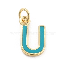 Rack Plating Brass Pendants, with Enamel and Jump Ring, Cadmium Free & Lead Free, Long-Lasting Plated, Real 18K Gold Plated, Letter, Letter U, 11.5x7x1mm, Hole: 2.5mm(KK-C065-03U-G)