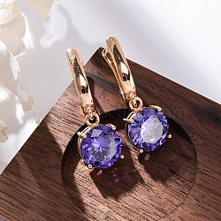 Brass Micro Pave Cubic Zirconia Leverback Earrings, Rack Plating, Long-Lasting Plated, Lead Free & Cadmium Free, Flat Round, Golden, Purple, 31x10mm(EJEW-K300-21G-02)