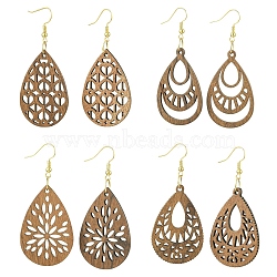 8 Pairs 4 Style 304 Stainless Steel Dangle Earrings, with Wood Teardrop Pendants, Golden, Coconut Brown, 66mm, 2pcs/style(EJEW-YW00002)