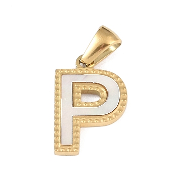 Natural White Shell Alphabet Pendants, Ion Plating(IP) Real 18K Gold Plated 304 Stainless Steel Charms, Letter P, 17x11.5x1.5mm, Hole: 5x3mm