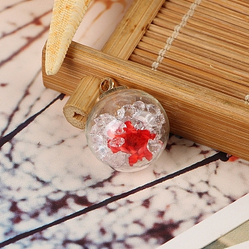 Transparent Glass Globe Pendants, with Rhinestones & Dried Flower inside and Plastic CCB Pendant Bails, Ball, Red, Crystal, 16mm, Hole: 2mm