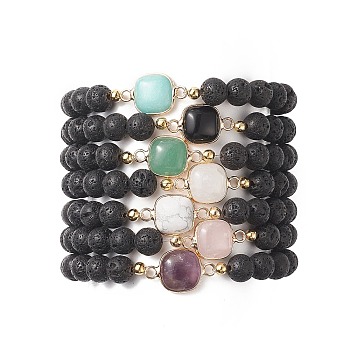 7Pcs 7 Sytle Natural Mixed Gemstone Square & Round Beaded Stretch Bracelets Set for Women, Inner Diameter: 2-1/4 inch(5.8cm), 1Pc/style