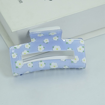 Rectangle with Flower Printed PVC Claw Hair Clips, with Iron Findings, Banana Jaw Clips Hair Accessories for Women and Girls, Light Sky Blue, 45x81.5x31.5mm