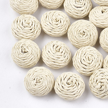 Handmade Woven Decoration, Paper Imitation Raffia Covered with Wood, Rondelle, Antique White, 19~22x10~13mm
