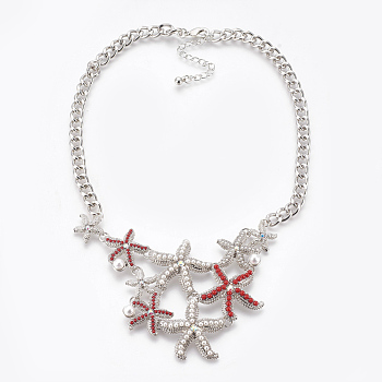 Alloy Bib Statement Necklaces, with Acrylic Beads and Rhinestone, Iron Curb Chain, Starfish/Sea Stars, Platinum, 17.9 inch(45.5cm)