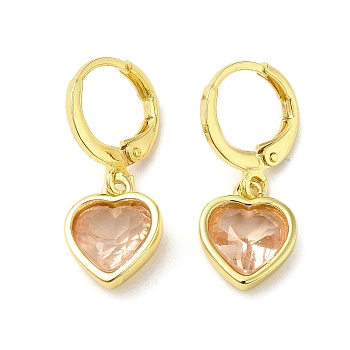Real 18K Gold Plated Brass Dangle Leverback Earrings, with Heart Glass, PeachPuff, 25.5x10mm
