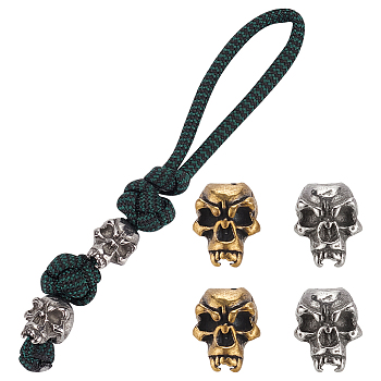 4Pcs 2 Colors Outdoor EDC Tool Brass Parachute Rope European Beads, Large Hole Beads, Skull, Antique Bronze & Antique Silver, 13x11.5x14.5mm, Hole: 4.7mm, 2pcs/color