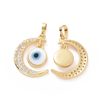 Brass Micro Pave Cubic Zirconia Pendants, with Handmade Evil Eye Lampwork, Crescent Moon Charm, Real 18K Gold Plated, White, 23x16x4mm, Hole: 4x6mm