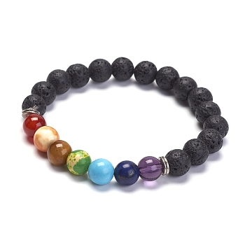 Yoga Chakra Jewelry, Natural Lava Rock Stretch Bracelets, with Gemstone and Alloy Beads, Round, 2-1/8 inch(55mm)