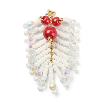 MIYUKI Rocailles Beaded Pendents, with Glass Pearl Round Beaded, Leaf Charms, White, 36~38x25~27x8mm, Hole: 0.7mm