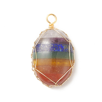 7 Chakra Natural Gemstone Pendants, Mixed Stone Flat Oval Charms, with Light Gold Copper Wire Wrapped, 33x19x8mm, Hole: 2.5mm