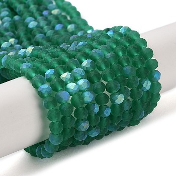 Transparent Glass Beads Strands, Faceted, Frosted, Half AB Color Plated, Rondelle, Sea Green, 4~4.5x3.5~4mm, Hole: 1mm, about 117~121pcs/strand, 16.61~16.73 inch(42.2~42.5cm)