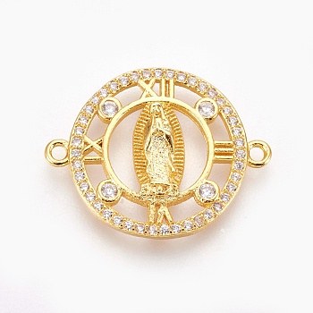 Brass Micro Pave Cubic Zirconia Links, Lead Free & Cadmium Free & Nickel Free, Long-Lasting Plated, Flat Round with Virgin Mary, Clear, Real 18K Gold Plated, 24x19x3mm, Hole: 1.2mm