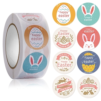 8 Patterns Easter Theme Paper Self Adhesive Rabbit Stickers Rolls, for Suitcase, Skateboard, Refrigerator, Helmet, Mobile Phone Shell, Word, Sticker: 25mm, 500pcs/roll