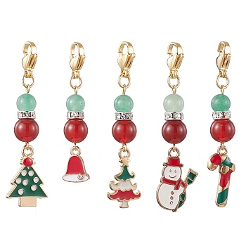 Christmas Tree/Bell/Snowman/Candy Cane Alloy Enamel Pendant Decorations, Natural Carnelian & Green Aventurine Charms for Bag Key Chain Ornaments, Golden, 45~54x9.5~13.5mm, 5pcs/set