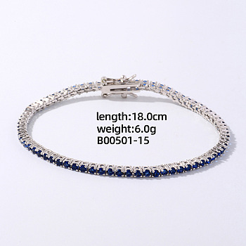 Fashionable Tennis Bracelets, Brass Sparkling Rhinestones Bracelets for Women, Platinum, Capri Blue, 7-1/8 inch(18cm)