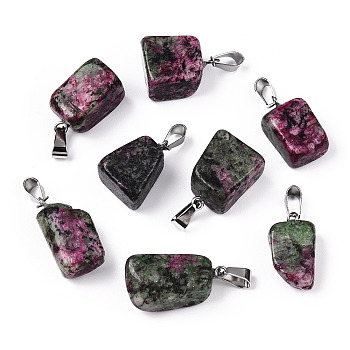 Natural Ruby in Zoisite Pendants, Nuggets Charms with Stainless Steel Color Plated Stainless Steel Snap On Bails, Dyed & Heated, 18.5~25x10~21x7.5~11.5mm, Hole: 3.5x7.5mm
