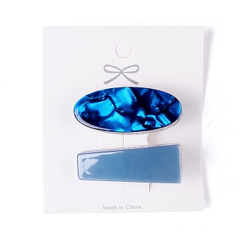 Cellulose Acetate(Resin) and Plasic Alligator Hair Clips, with Golden Iron Findings, Oval & Trapezoid, Steel Blue, 41.5x18x16mm, 2pcs/set