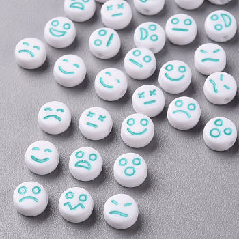 White Opaque Acrylic Beads, Flat Round with Expression, Turquoise, 7x4mm, Hole: 1.6mm, about 3650pcs/500g