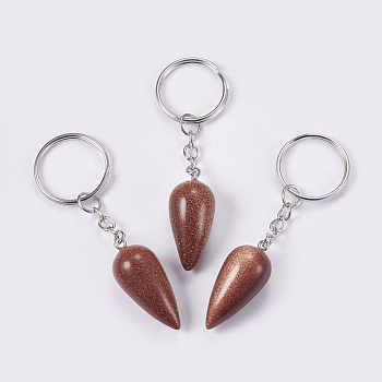 Synthetic Goldstone Keychain, with Iron Key Rings, Platinum, teardrop, 80.5mm, Pendant: 33.5x15.5mm