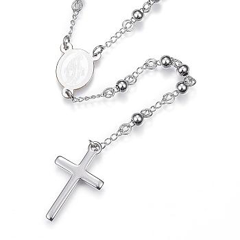 304 Stainless Steel Rosary Bead Necklaces, with Cross Pendant and Lobster Claw Clasps, Stainless Steel Color, 25.6 inch(65cm)