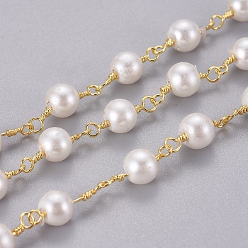 Handmade Acrylic Imitaion Pearl Beaded Chains, Unwelded, with Brass Findings, Long-Lasting Plated, Round, with Spool, Floral White, Golden, 14~14.5x6.5mm